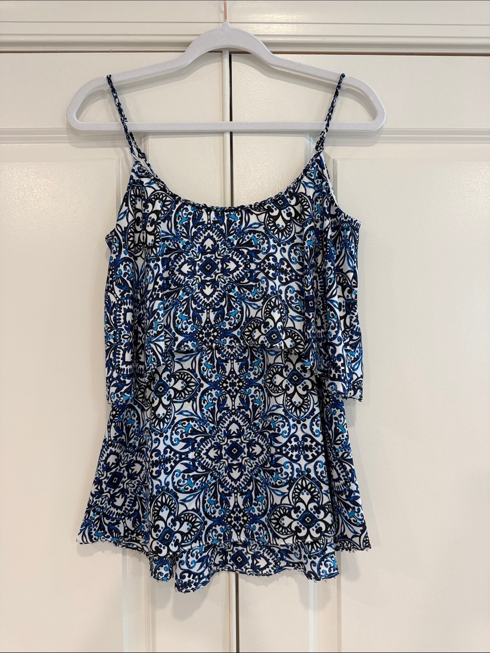 White House Black Market Blue and White Printed Cold-Shoulder Camisole